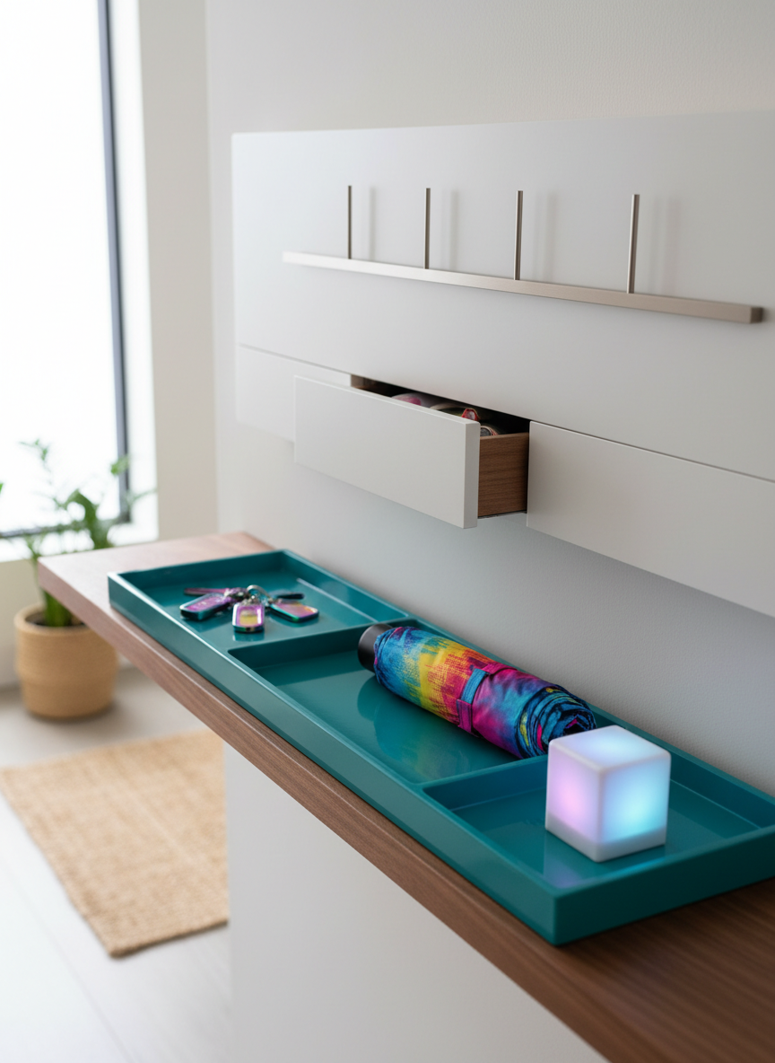 A vibrant, hyper-organized entryway console styled as a “portal to yourworld,” featuring unexpected lifestyle enhancements. On a slim walnut shelf rests a glossy teal tray with compartments perfectly holding iridescent key fobs, a compact fold-out umbrella with a wild gradient pattern, and a tiny, cube-shaped mood light cycling through soft pastel hues. A wall-mounted organizer above includes a magnetic strip with minimalist metal hooks and a hidden shelf slightly ajar, hinting at more surprises inside. Bright, indirect daylight from a nearby window illuminates the scene, enhancing wood grain and reflective surfaces while keeping shadows soft. Photographic realism, shot at eye level with a wide aperture for a subtly blurred hallway background, creates an inviting, slightly whimsical atmosphere that feels like the launchpad for a more delightful daily routine.