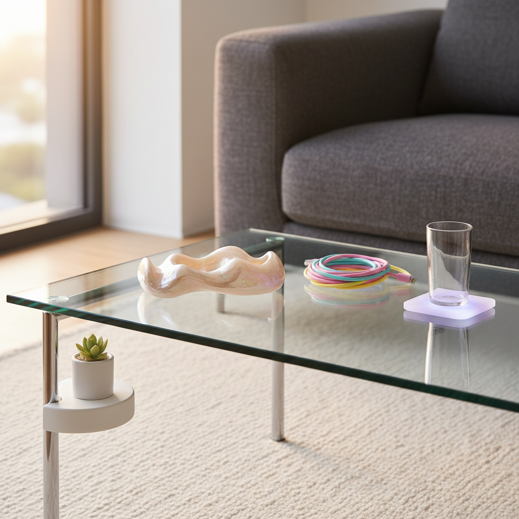 A sleek glass coffee table in a contemporary living room, its surface scattered with delightfully odd yet stylish lifestyle accessories, each one a tiny revelation. There is a pearlescent remote holder shaped like a geometric wave, a soft silicone cable organizer in candy colors, a translucent lavender coaster that glows from within, and a tiny magnetic shelf clinging to the table’s chrome leg. Soft morning light streams through a nearby window, creating bright highlights on the glass and delicate shadows beneath the objects. The background sofa and rug are subtly blurred, maintaining focus on the surprising details. Captured in photographic realism from a slightly elevated angle with rule-of-thirds composition, the mood is playful, clever, and aspirational, like peeking into a home perfectly tuned by things you never knew you needed.