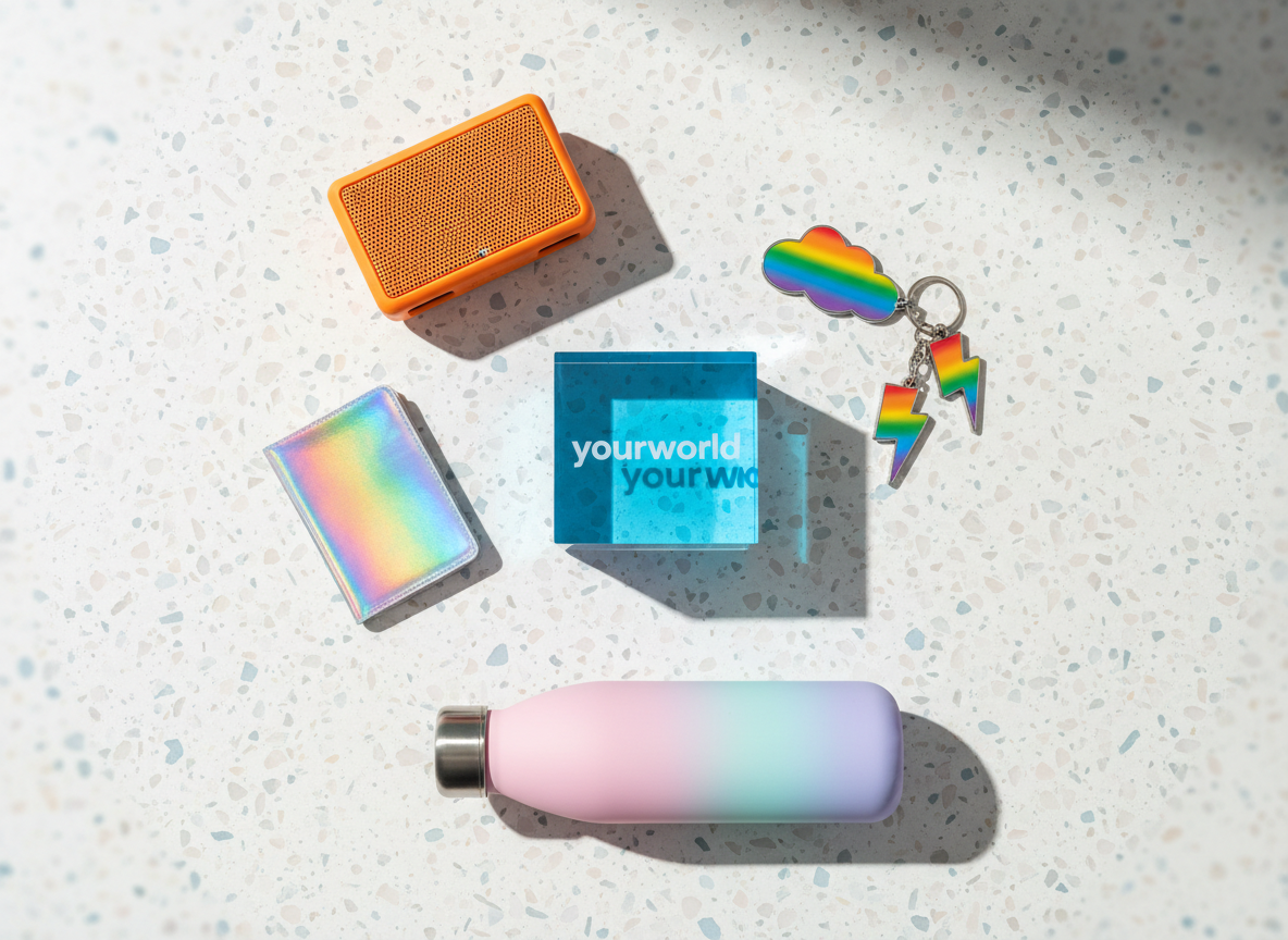 A playful flat-lay of a curated “yourworld” starter kit arranged on a smooth, pale terrazzo surface. At the center sits a glossy, sky-blue acrylic cube with the word “yourworld” embossed in translucent white, surrounded by quirky lifestyle objects: a neon-orange wireless speaker, a tiny holographic notebook, metallic rainbow keychains, and a pastel gradient reusable water bottle. Soft, diffused daylight from the left creates gentle reflections on the acrylic and subtle shadows that add depth without harshness. The background fades into a softly blurred edge, keeping the focus tight. Shot from a perfectly overhead bird’s-eye view with photographic realism and vibrant, saturated colors, the scene feels curious, modern, and a bit mischievous, like a surprise collection of things you didn’t know you needed but instantly want.