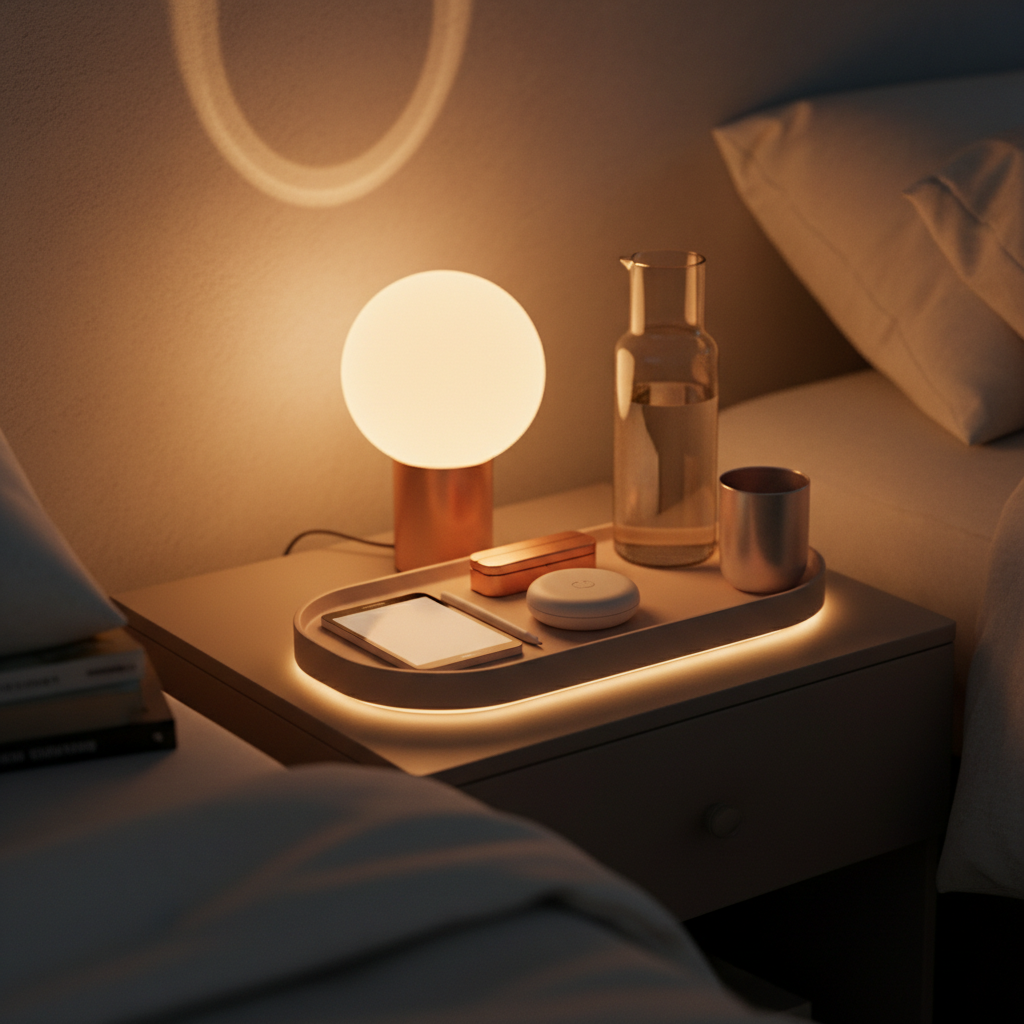 A cozy, dimly lit bedroom nightstand transformed into an unexpected lifestyle command center, brimming with “you didn’t know you needed this” details. On a matte ash-wood surface sits a rounded, sand-colored smart tray with gentle underglow lighting, cradling a slim e-ink notepad, a tiny white noise pebble speaker, and a compact, foldable reading light in brushed rose-gold metal. Behind them, a frosted glass orb lamp emits warm, golden diffused light that casts soft, circular reflections and delicate shadows on the wall. A carafe with a subtle iridescent sheen and a matching tumbler add a hint of luxury. Photographic realism, shot from a slightly low, intimate angle with shallow depth of field, focuses tightly on the curated objects, creating a calming yet playful atmosphere that whispers of small, delightful upgrades to everyday life.