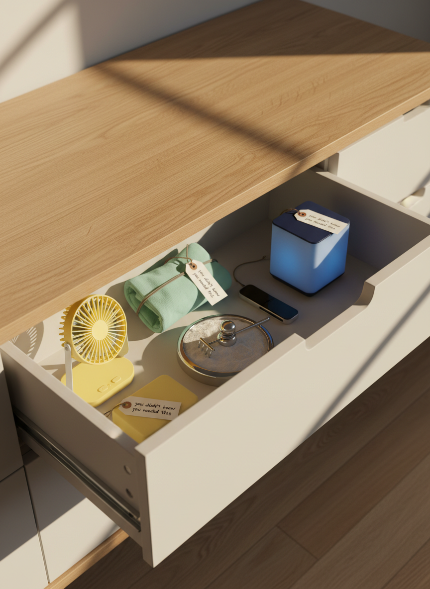 An open, low-profile matte-white drawer sliding out from a minimalist oak console, revealing a delightfully unexpected assortment of neatly organized lifestyle gadgets and trinkets labeled with tiny tags saying “you didn’t know you needed this.” Inside are color-coordinated items: a compact lemon-yellow desk fan, a foldable mint travel organizer, a tiny chrome desktop zen garden, and a midnight-blue smart light cube glowing softly. Warm afternoon light pours in from an unseen window to the right, casting long, playful shadows across the oak grain and adding a cozy glow to the objects. Photographic realism with an eye-level, slightly angled composition emphasizes depth into the drawer, creating a curious, inviting mood that hints at hidden lifestyle upgrades waiting to be discovered.