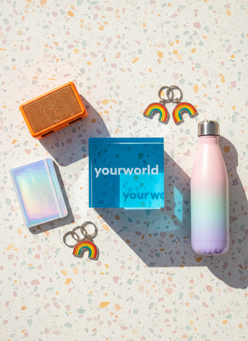 A playful flat-lay of a curated “yourworld” starter kit arranged on a smooth, pale terrazzo surface. At the center sits a glossy, sky-blue acrylic cube with the word “yourworld” embossed in translucent white, surrounded by quirky lifestyle objects: a neon-orange wireless speaker, a tiny holographic notebook, metallic rainbow keychains, and a pastel gradient reusable water bottle. Soft, diffused daylight from the left creates gentle reflections on the acrylic and subtle shadows that add depth without harshness. The background fades into a softly blurred edge, keeping the focus tight. Shot from a perfectly overhead bird’s-eye view with photographic realism and vibrant, saturated colors, the scene feels curious, modern, and a bit mischievous, like a surprise collection of things you didn’t know you needed but instantly want.